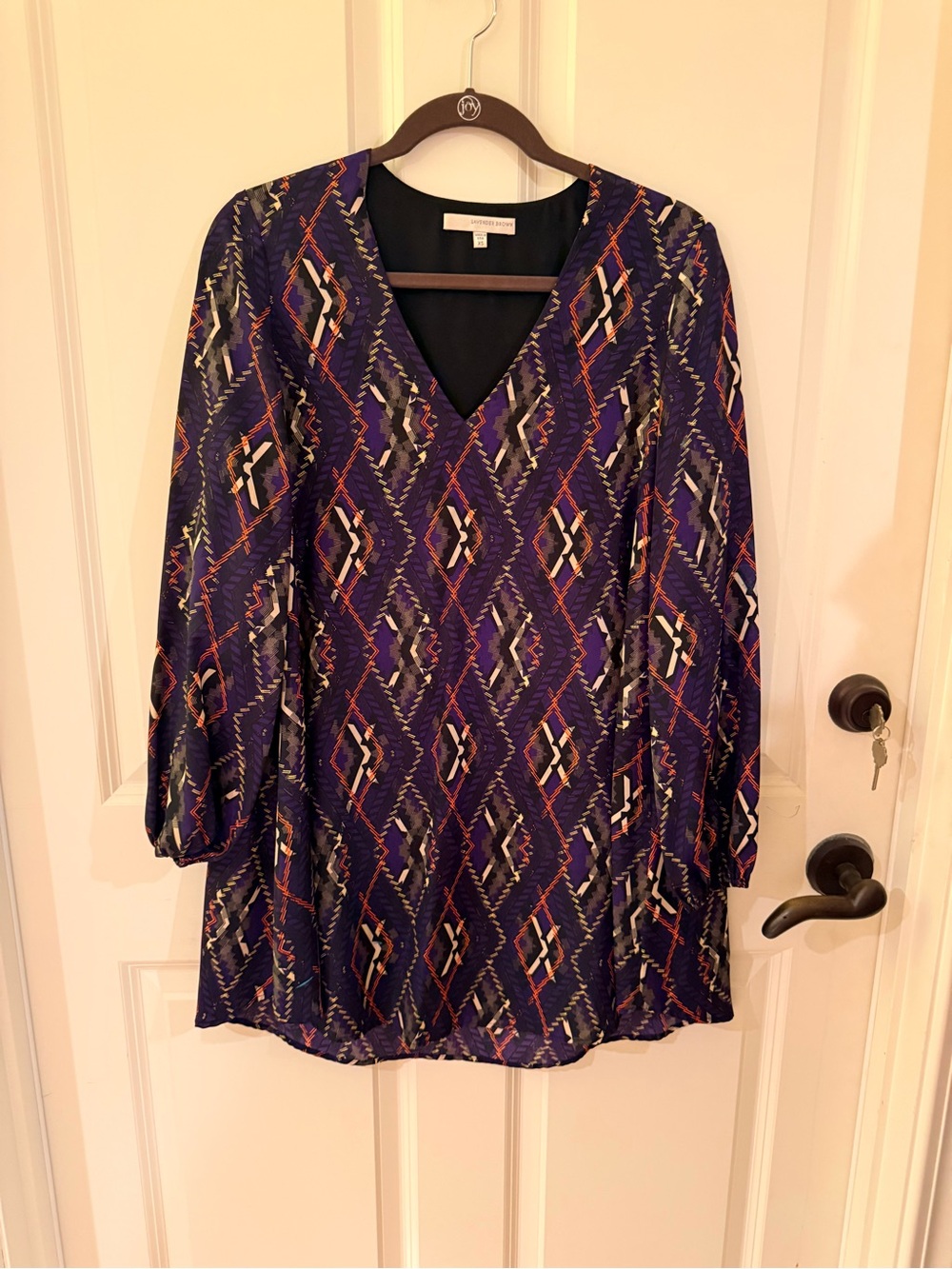 Lavender Brown Purple Geometric V-Neck Dress